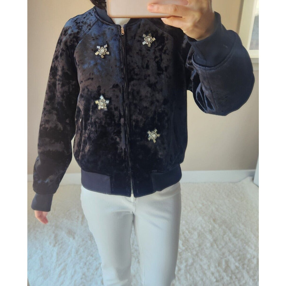 Sandro Briny Embellished Velvet Bomber Jacket Sz 2 US Medium Runs Small 2B435 - Picture 2 of 13